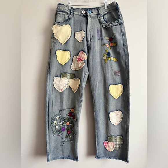 Blue Velvet Denim - Blue Velvet lightweight patchwork heart embroidered jeans medium nwt